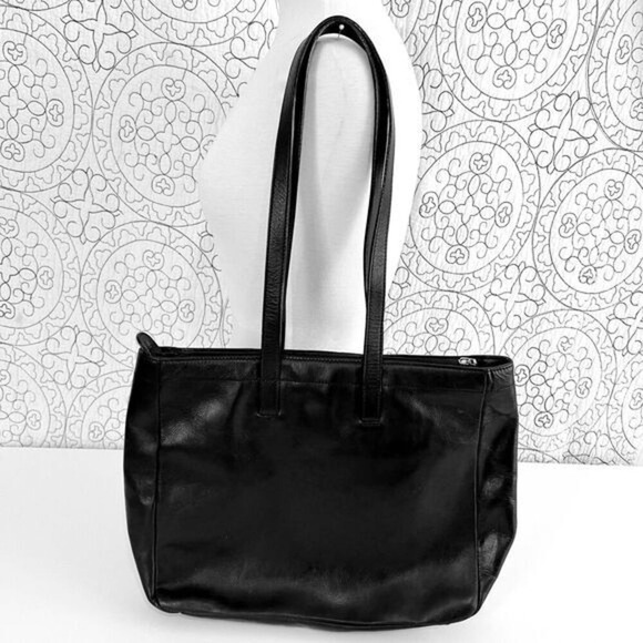 Levenger Black Leather Work Tote Bag Red Lining EUC‎